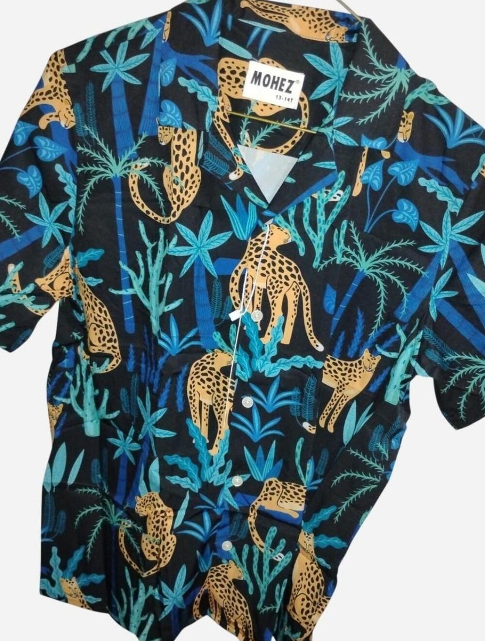 Mohez Boys Tropical Leopard Print Hawaiian Resort Camp Shirt (Size 13-14Y) NWT